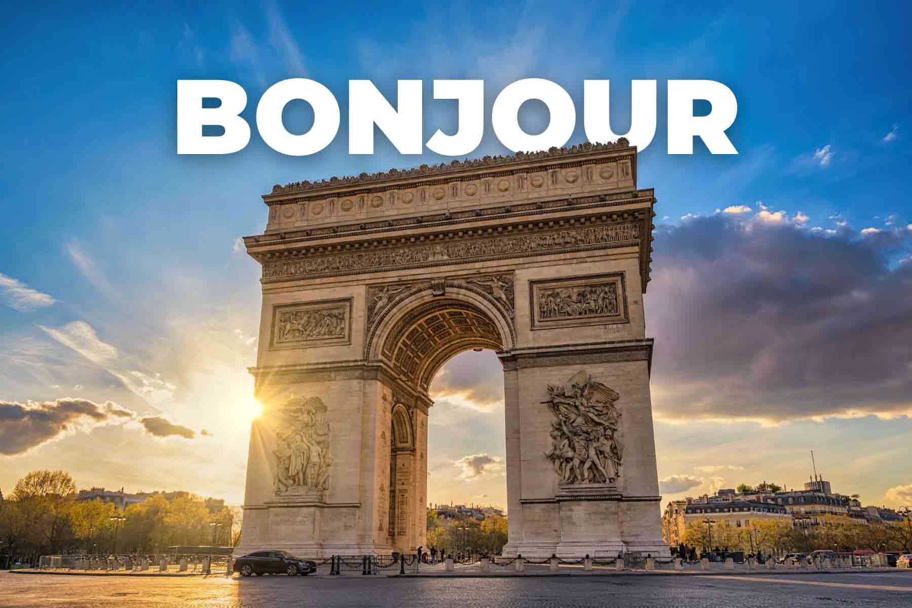 Paris France sunset city skyline at Arc de Triomphe