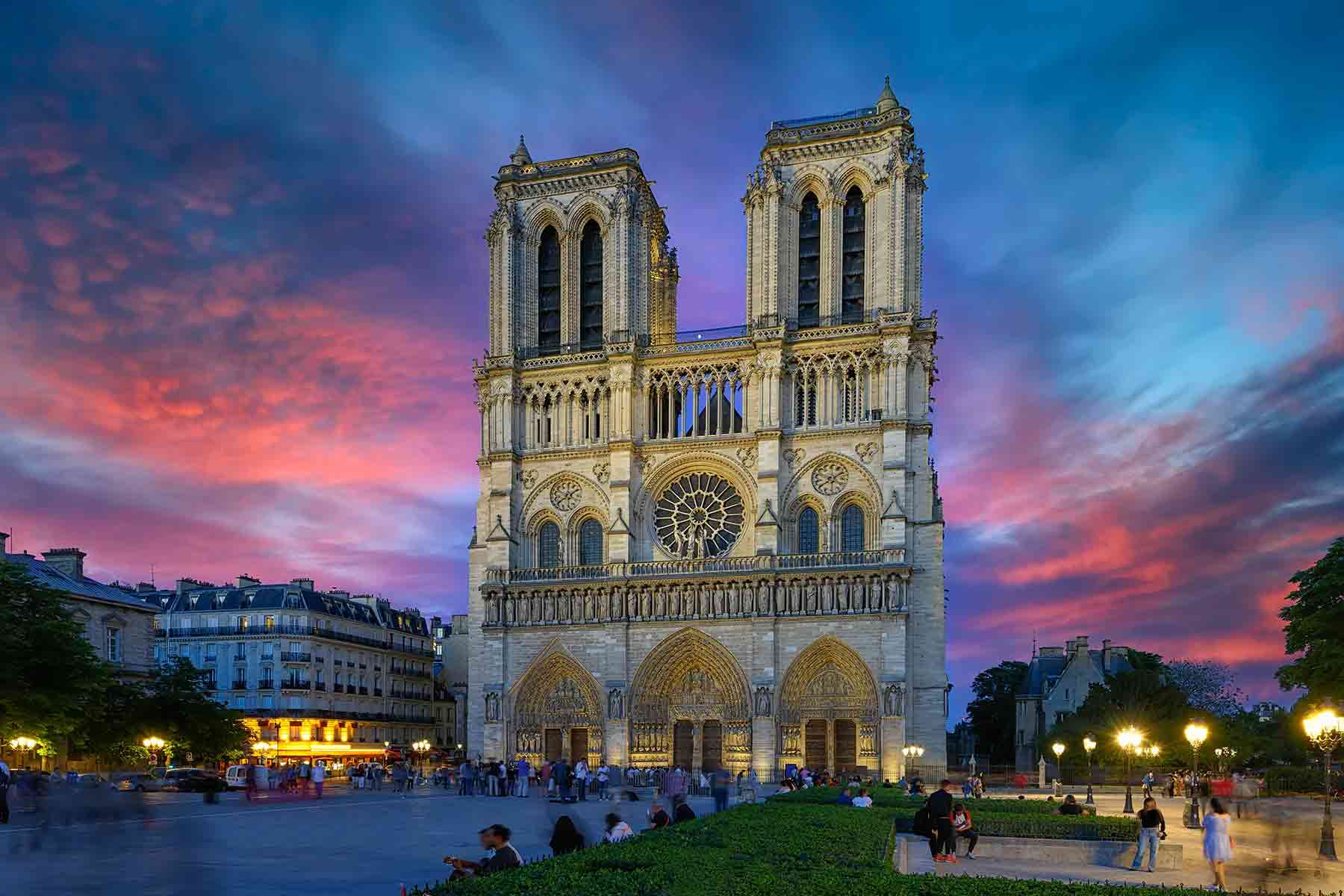 Sunset view of Cathedral Notre Dame de Paris in Paris, France