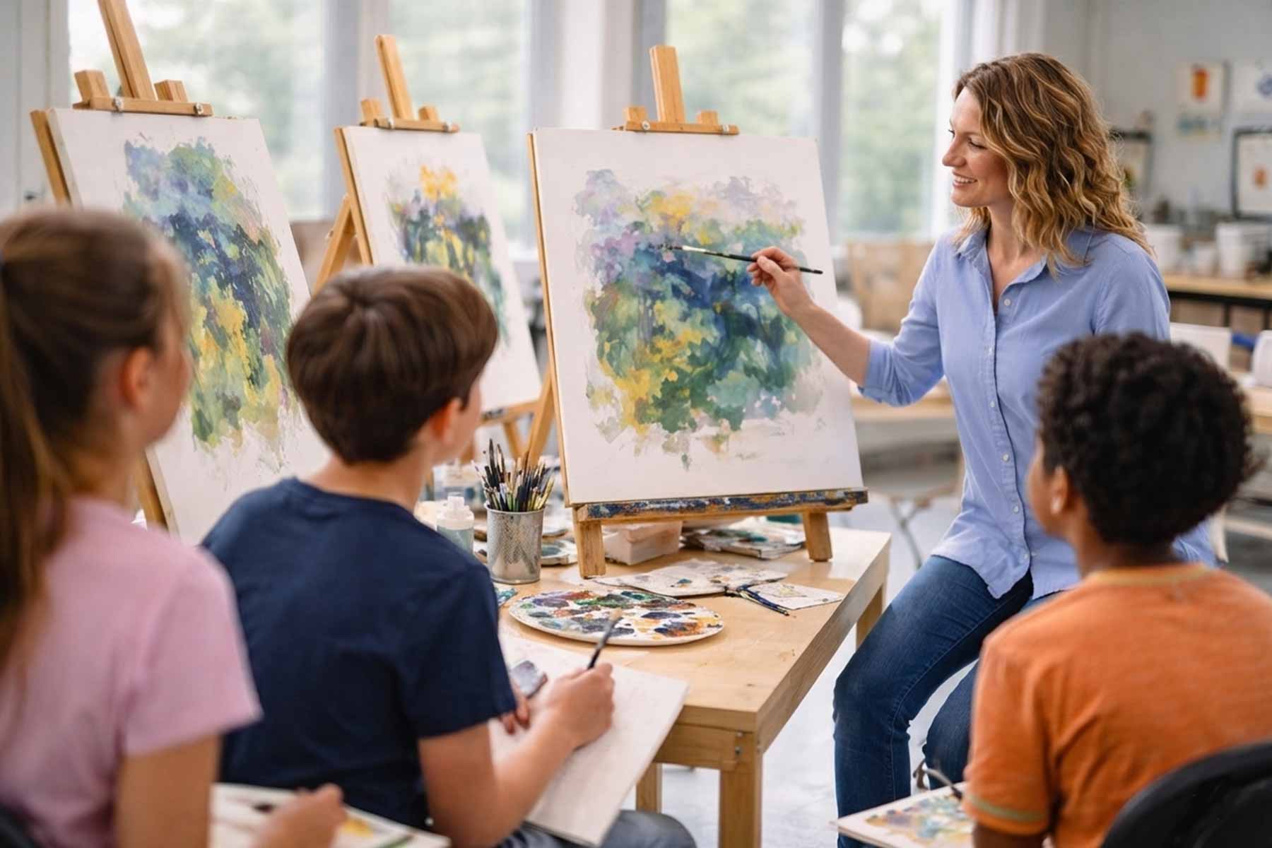 An art teacher demonstrating painting techniques to students