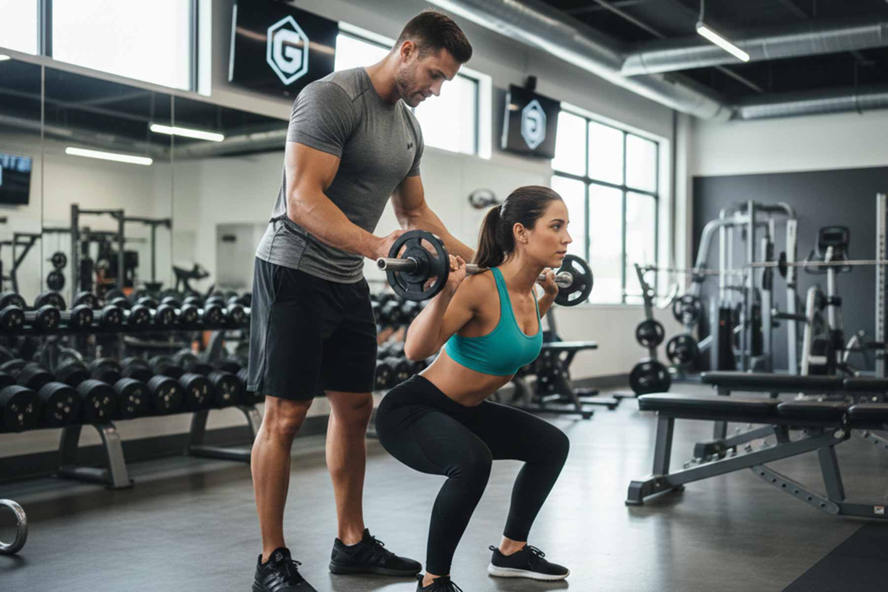A certified personal trainer guiding his client through barbell squat workout
