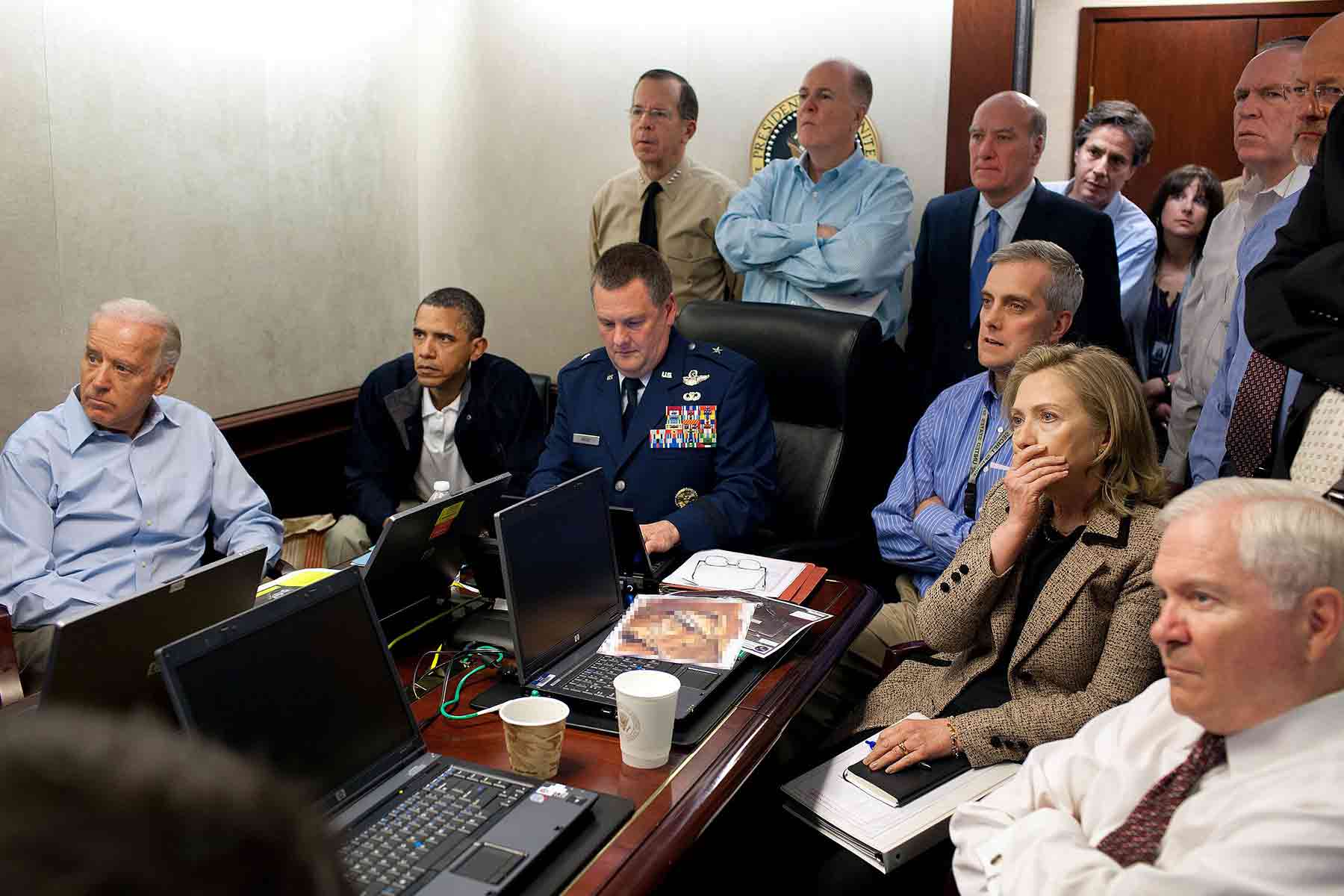 U.S. President Barack Obama and Vice President Joe Biden, along with members of the national security team awaiting updates on Operation Neptune Spear at the Situation Room of the White House.
