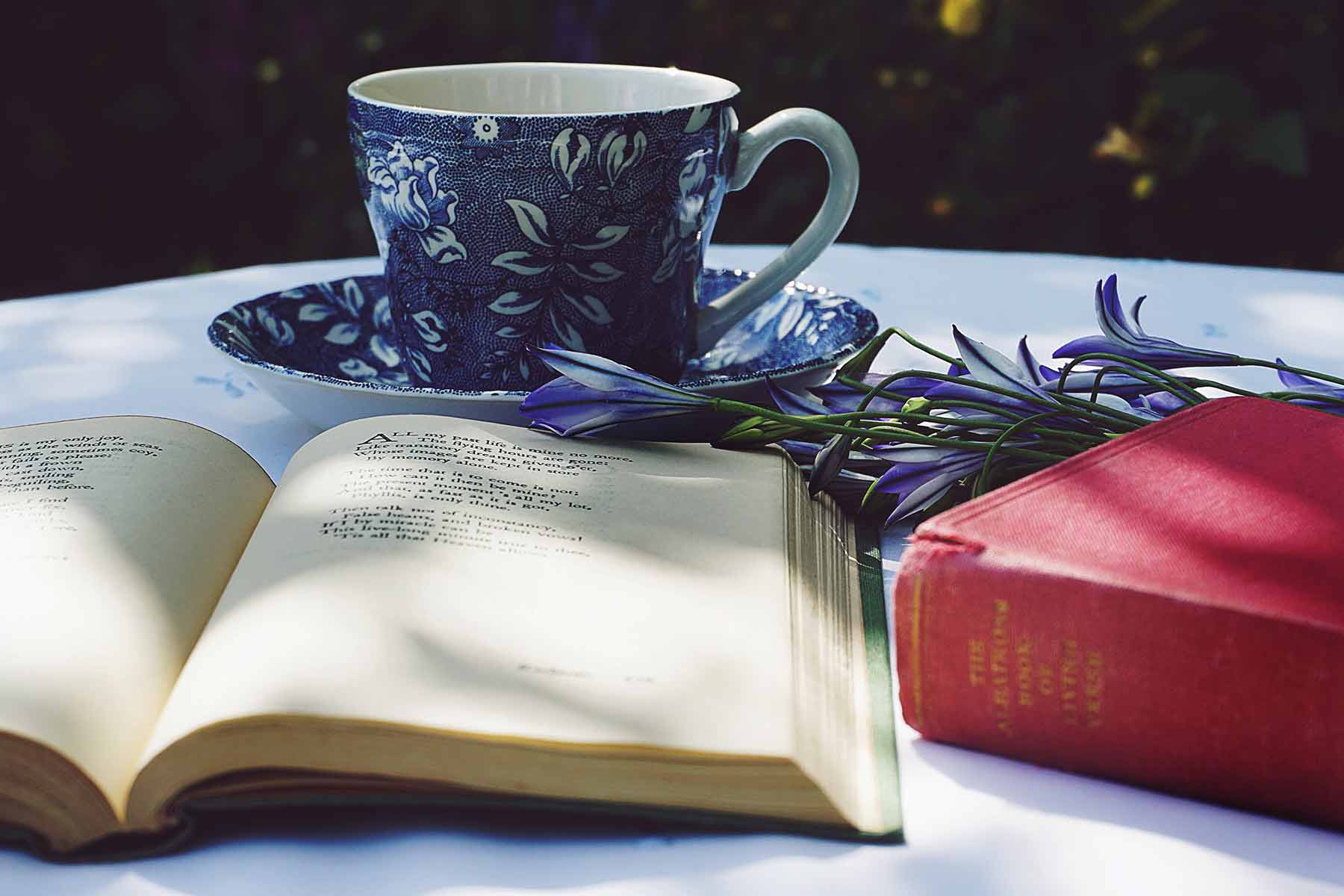 An open book, flowers, and teacup in a coffee table