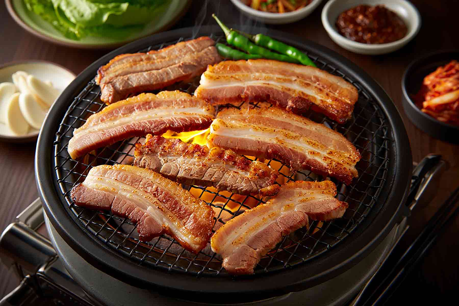 A close-up view of Korean BBQ samgyeopsal on the grill served with assorted side dishes