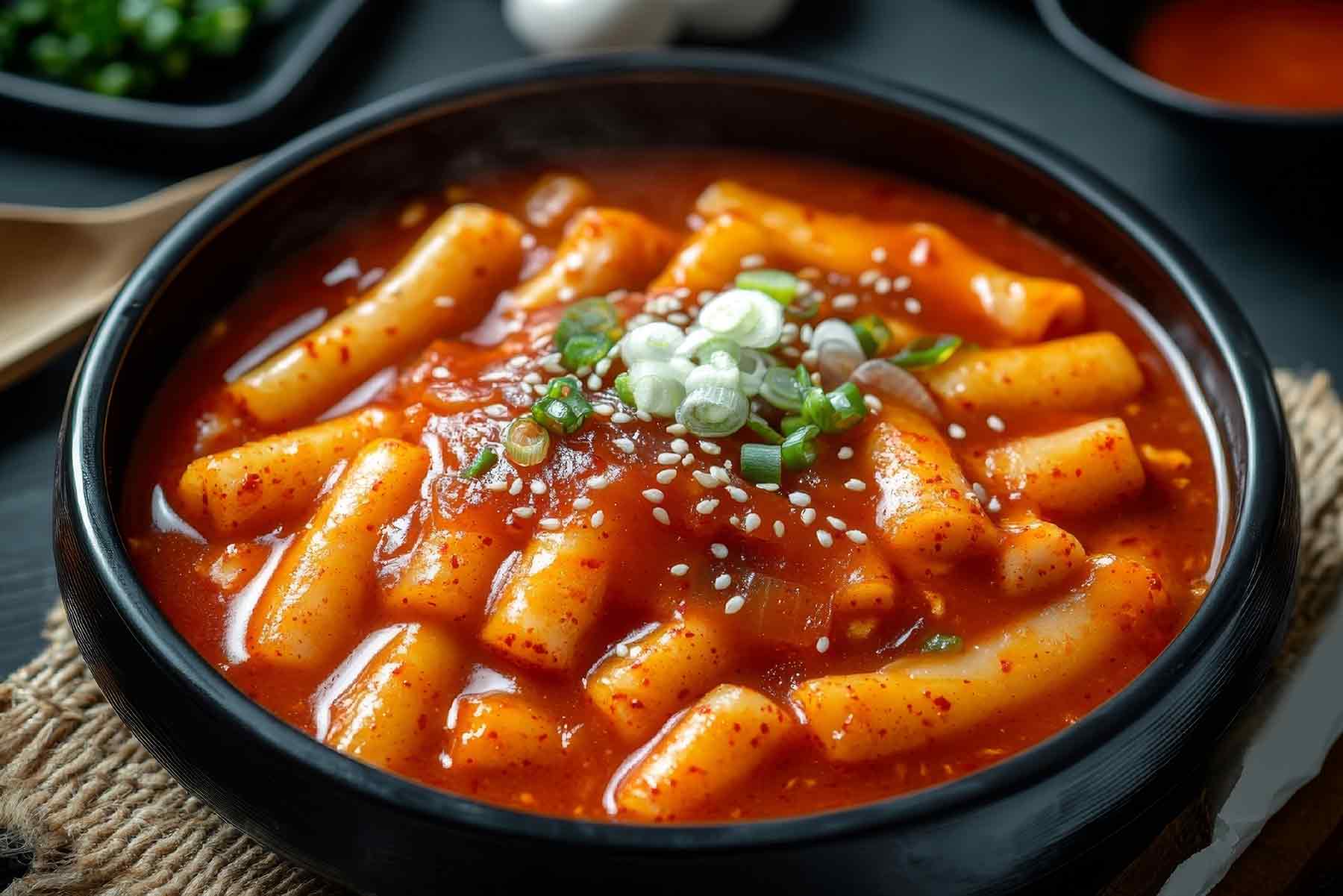 A close-up bowl of Korean tteokbokki topped with green scallions and sesame seeds