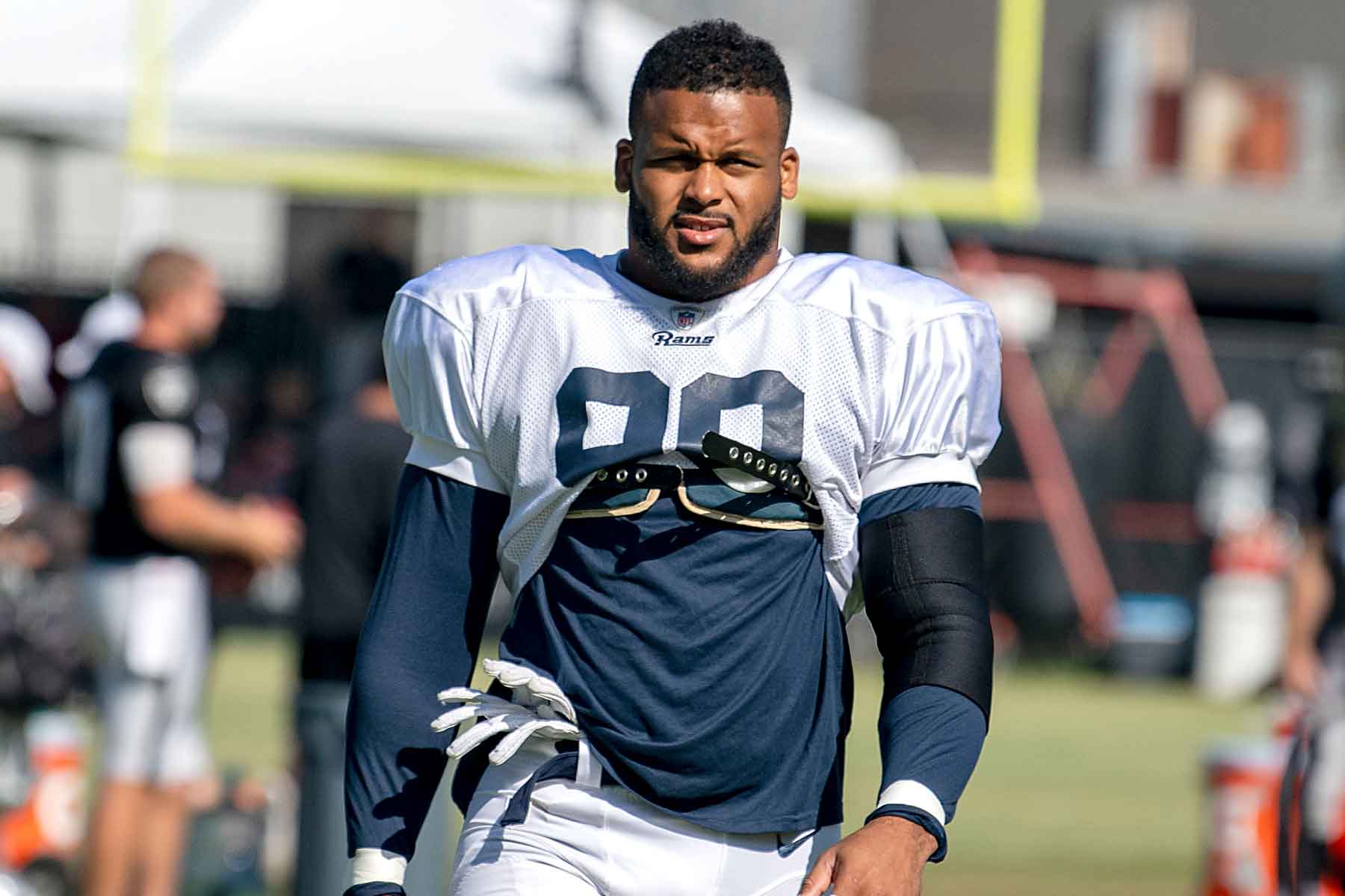 Los Angeles Rams defensive tackle, Aaron Donald, during the 2019 training camp (Photo credit: Wikimedia Commons/The 621st Contingency Response Wing)